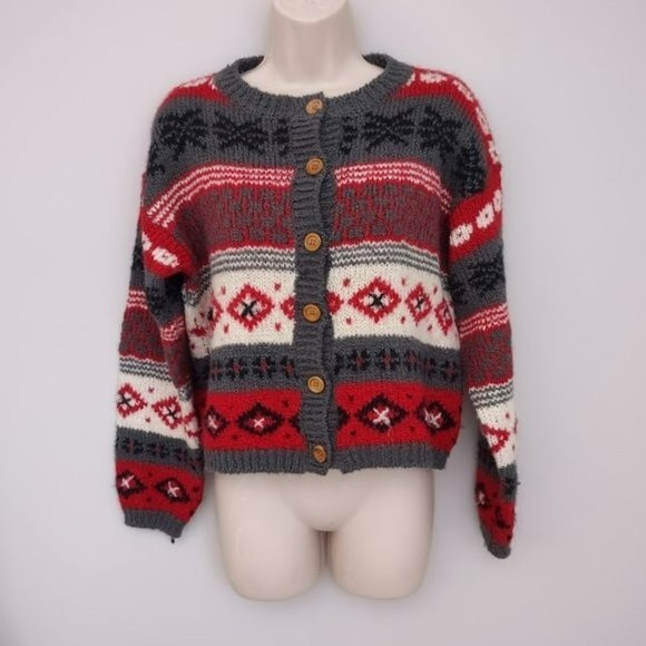 Vintage InDesign 80s 90s Striped Boxy Oversize Chiristmas Cardigan Sweater Large - Picture 4 of 11